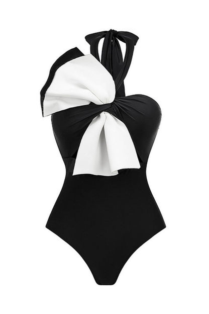 Sexy Patchwork Backless Bow Decor Belted Swimwears