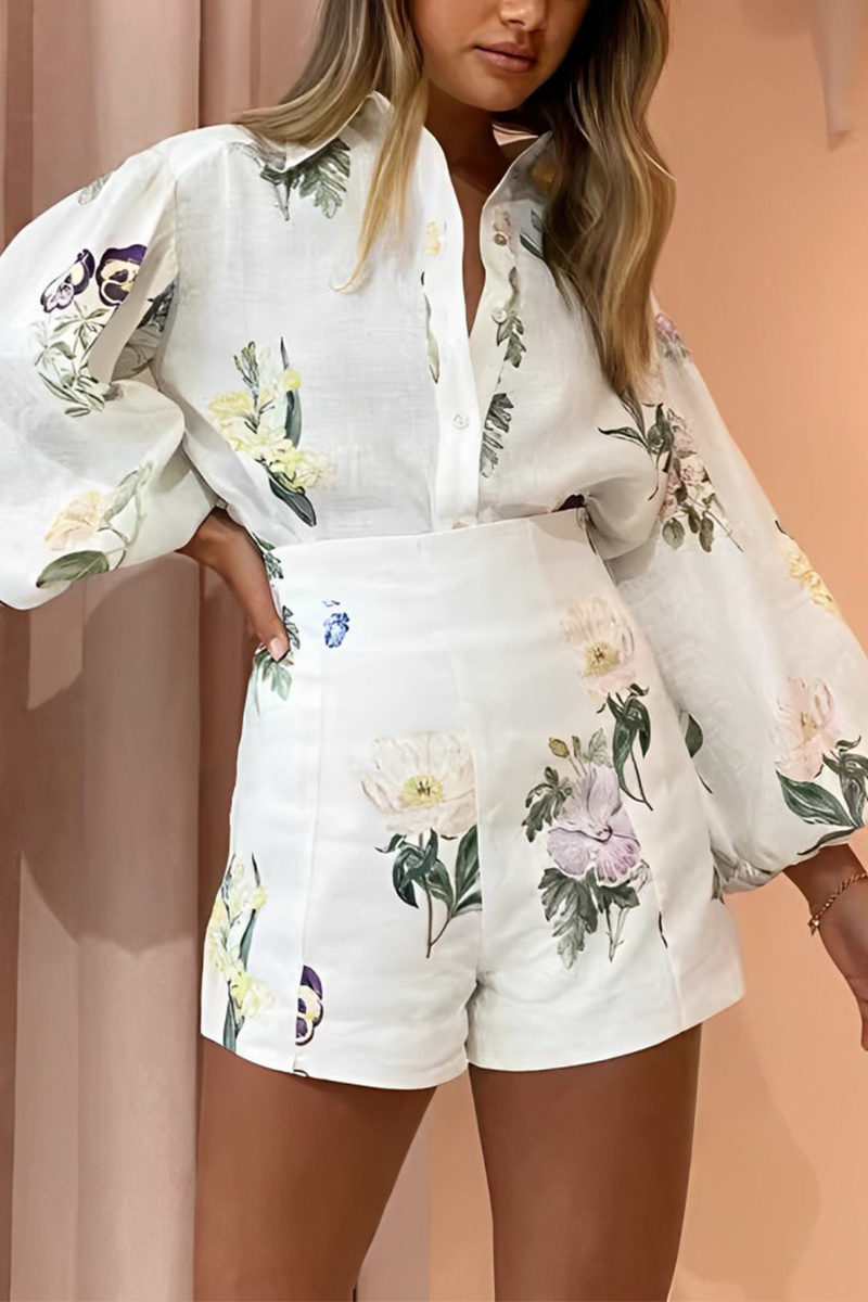 Casual Flowers Print Buttons Turndown Collar Long Sleeve Two Pieces