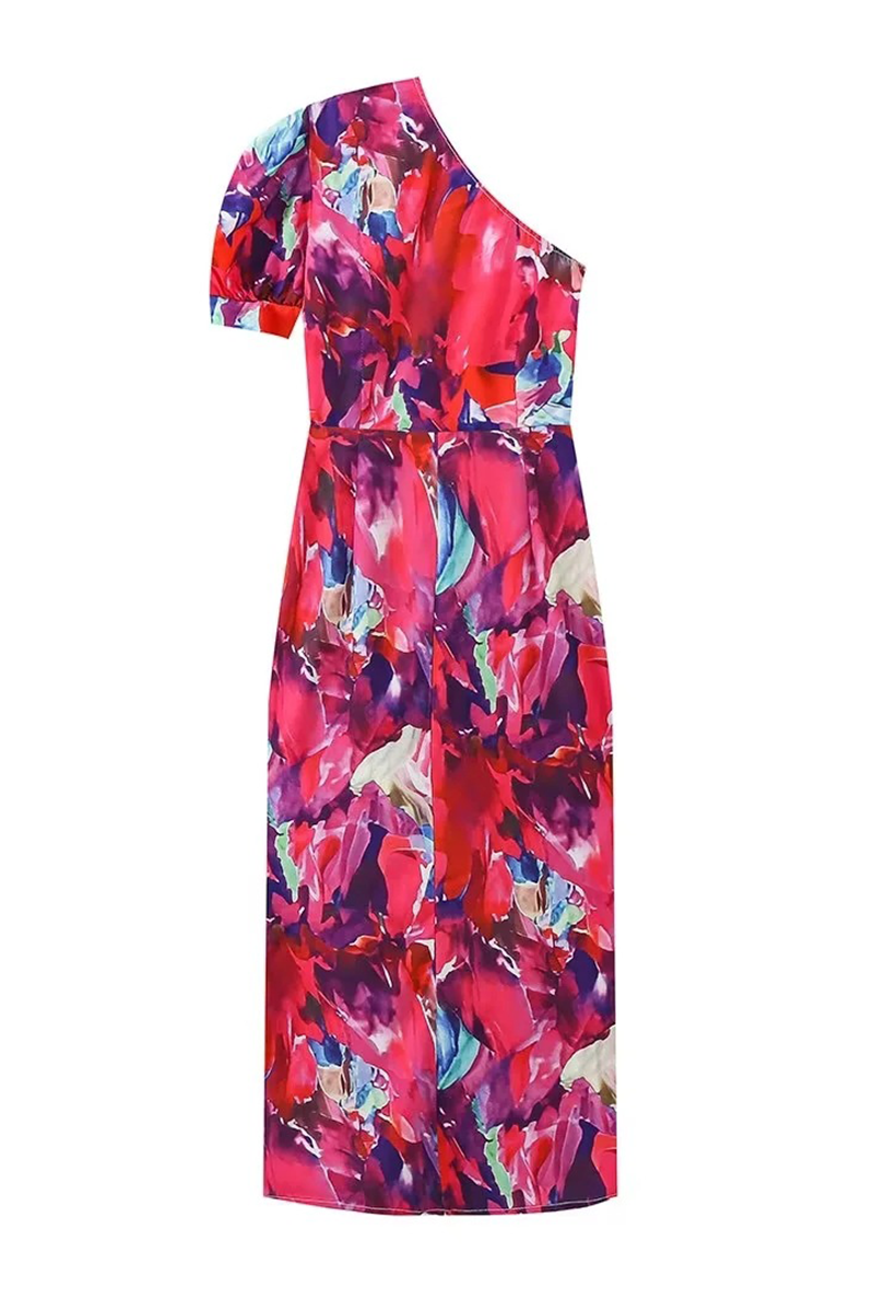 Elegant Floral Print Ruched Irregular Contrast Sloping Shoulder One Step Skirt Dresses