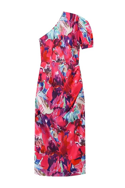 Elegant Floral Print Ruched Irregular Contrast Sloping Shoulder One Step Skirt Dresses