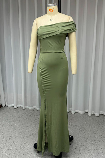 Sexy Prom Slit Ruched Sloping Shoulder Evening Dresses