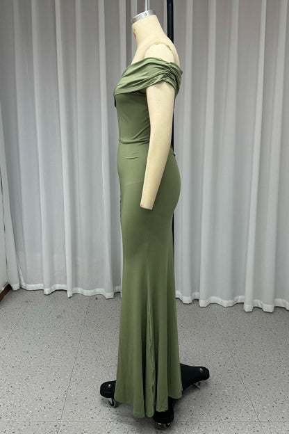 Sexy Prom Slit Ruched Sloping Shoulder Evening Dresses