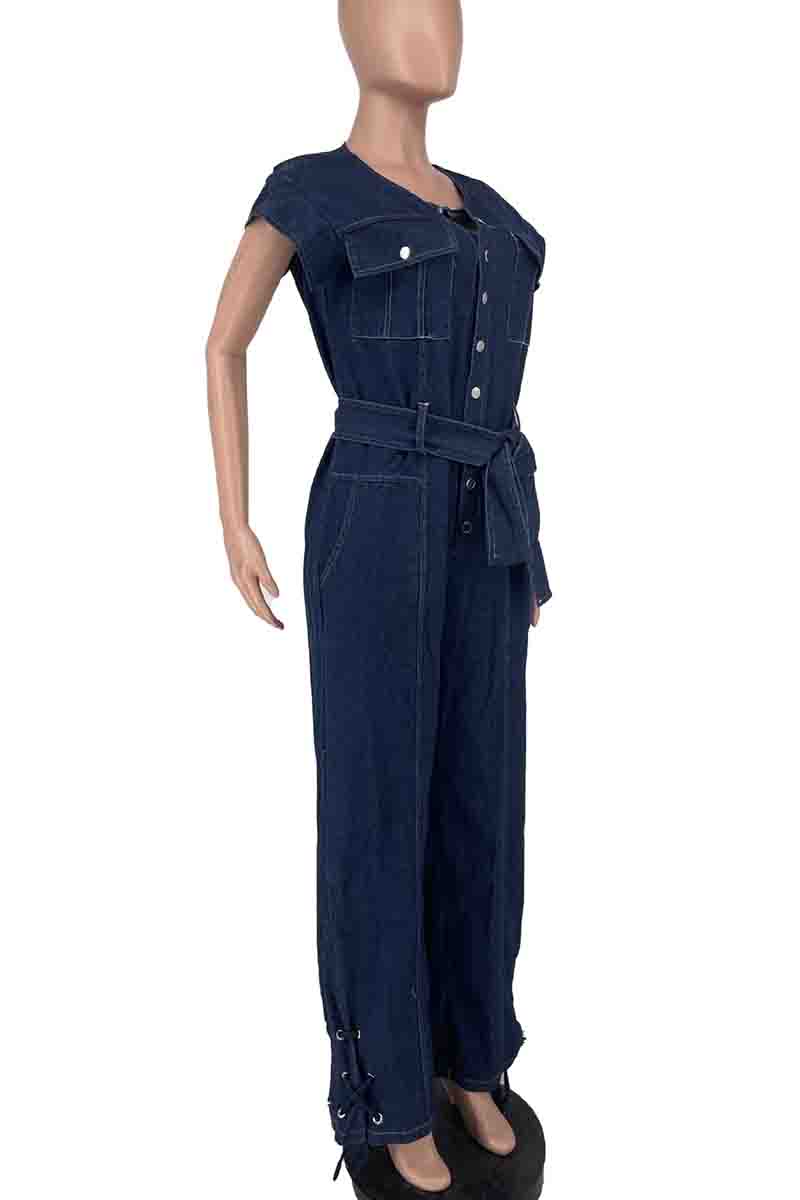 Street Pocket Buckle Patchwork Cross Straps Strap Design Cardigan Collar High Waist Regular Denim Jumpsuits