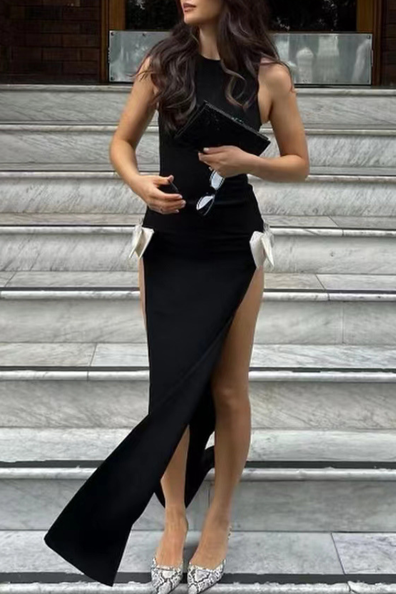 Sexy Slit Bow Decor O Neck Evening Dresses