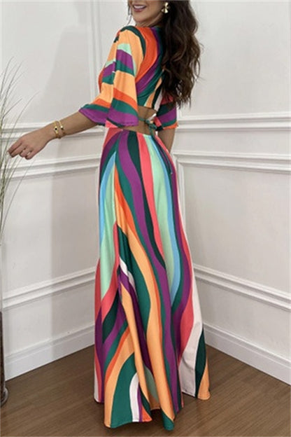 Casual Print Belted V Neck Long Dresses(3 Colors)