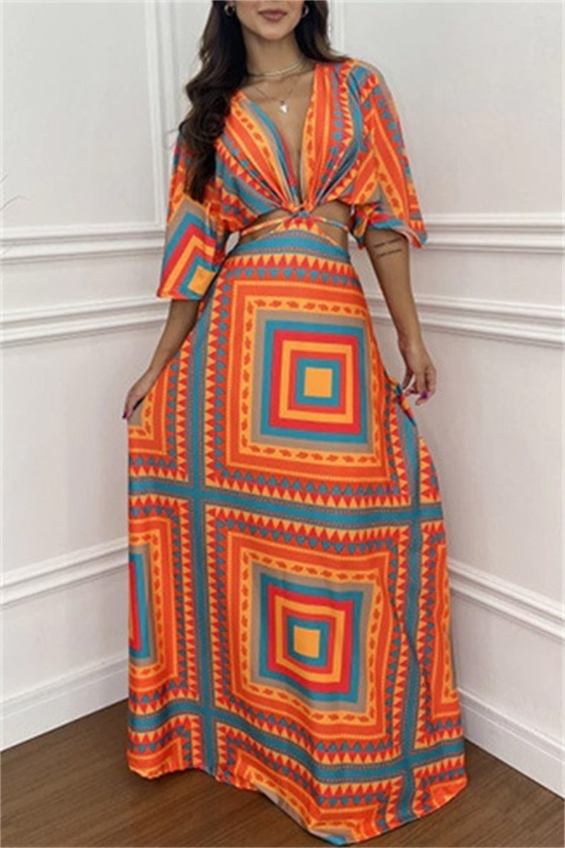 Casual Print Belted V Neck Long Dresses(3 Colors)