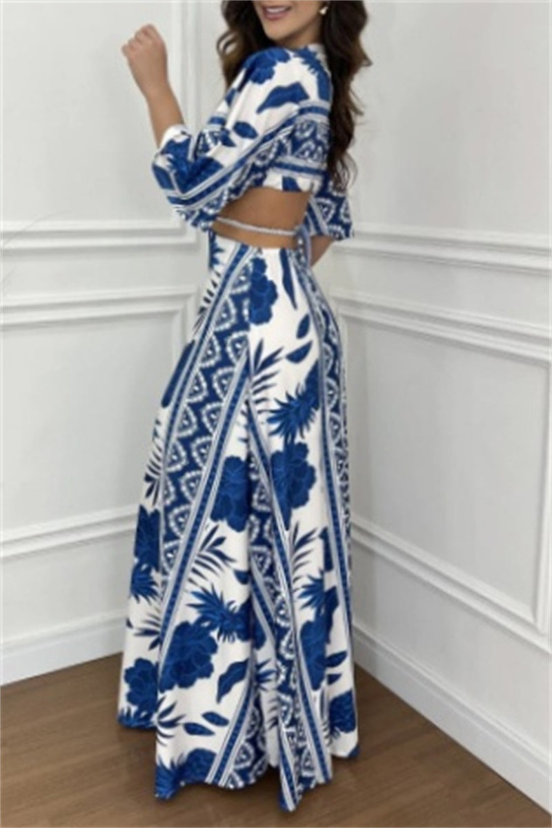 Casual Print Belted V Neck Long Dresses(3 Colors)