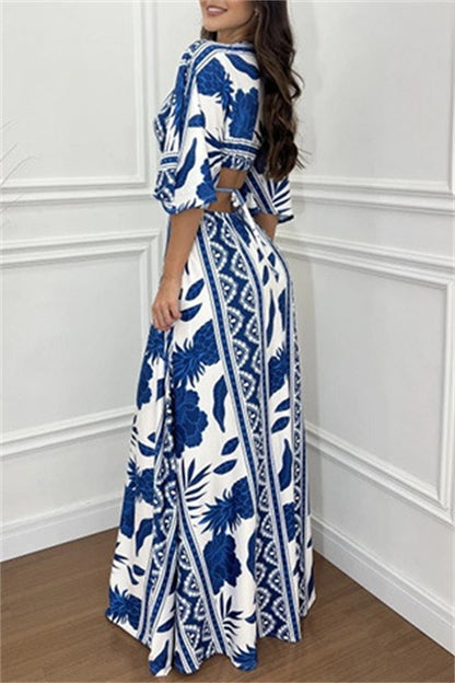 Casual Print Belted V Neck Long Dresses(3 Colors)