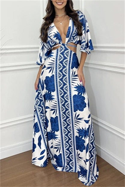 Casual Print Belted V Neck Long Dresses(3 Colors)