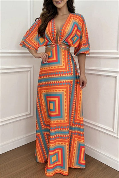 Casual Print Belted V Neck Long Dresses(3 Colors)