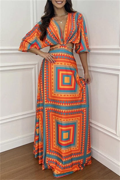 Casual Print Belted V Neck Long Dresses(3 Colors)