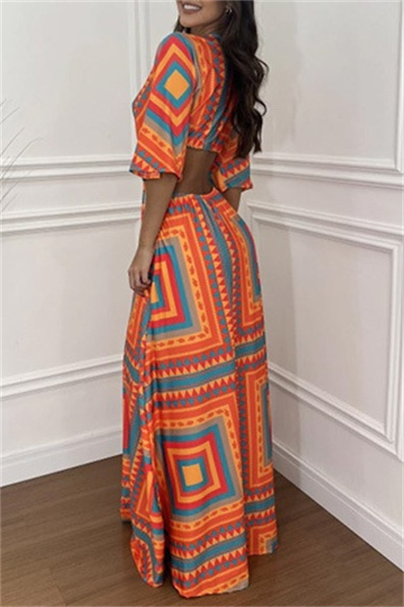 Casual Print Belted V Neck Long Dresses(3 Colors)