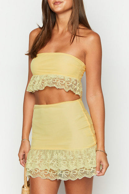 Sexy Lace Ruffle Strapless Sleeveless Two Pieces