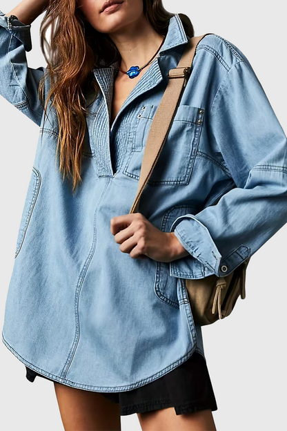 Casual Stree Distressed Pocket Turndown Collar Long Sleeve Loose Denim Jacket(4 Colors)