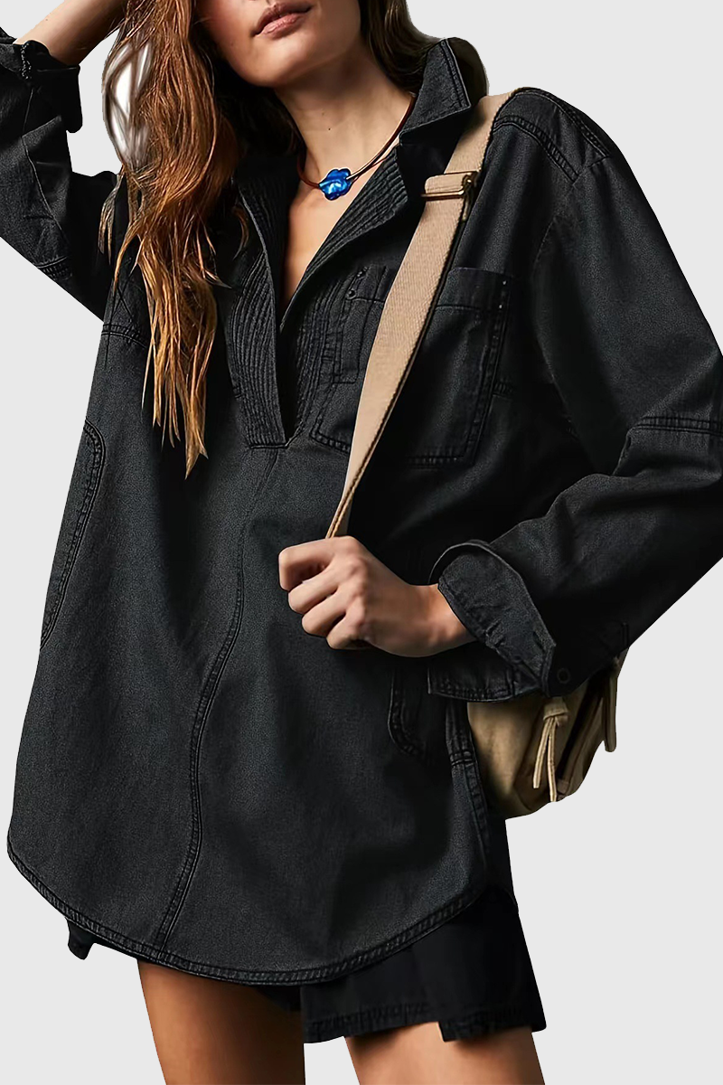 Casual Stree Distressed Pocket Turndown Collar Long Sleeve Loose Denim Jacket(4 Colors)