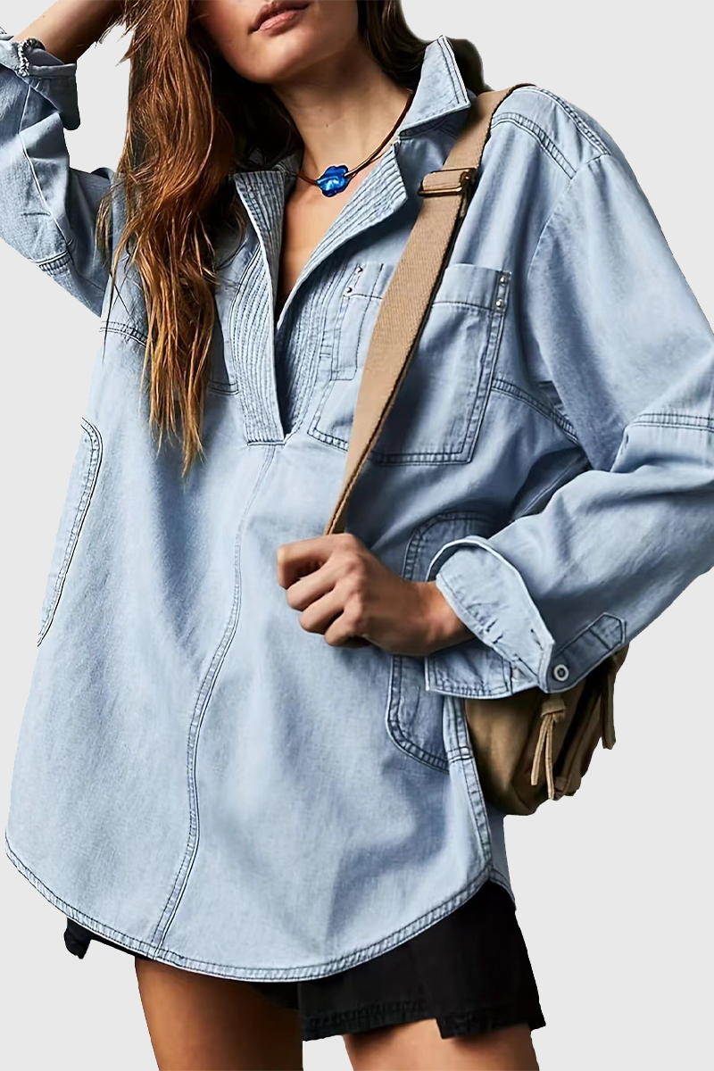 Casual Stree Distressed Pocket Turndown Collar Long Sleeve Loose Denim Jacket(4 Colors)