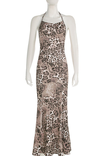 Elegant Leopard Print Patchwork Backless Strap Design Halter Long Dresses