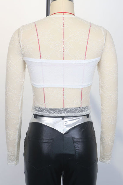 Sexy Patchwork See-Through O Neck Tops