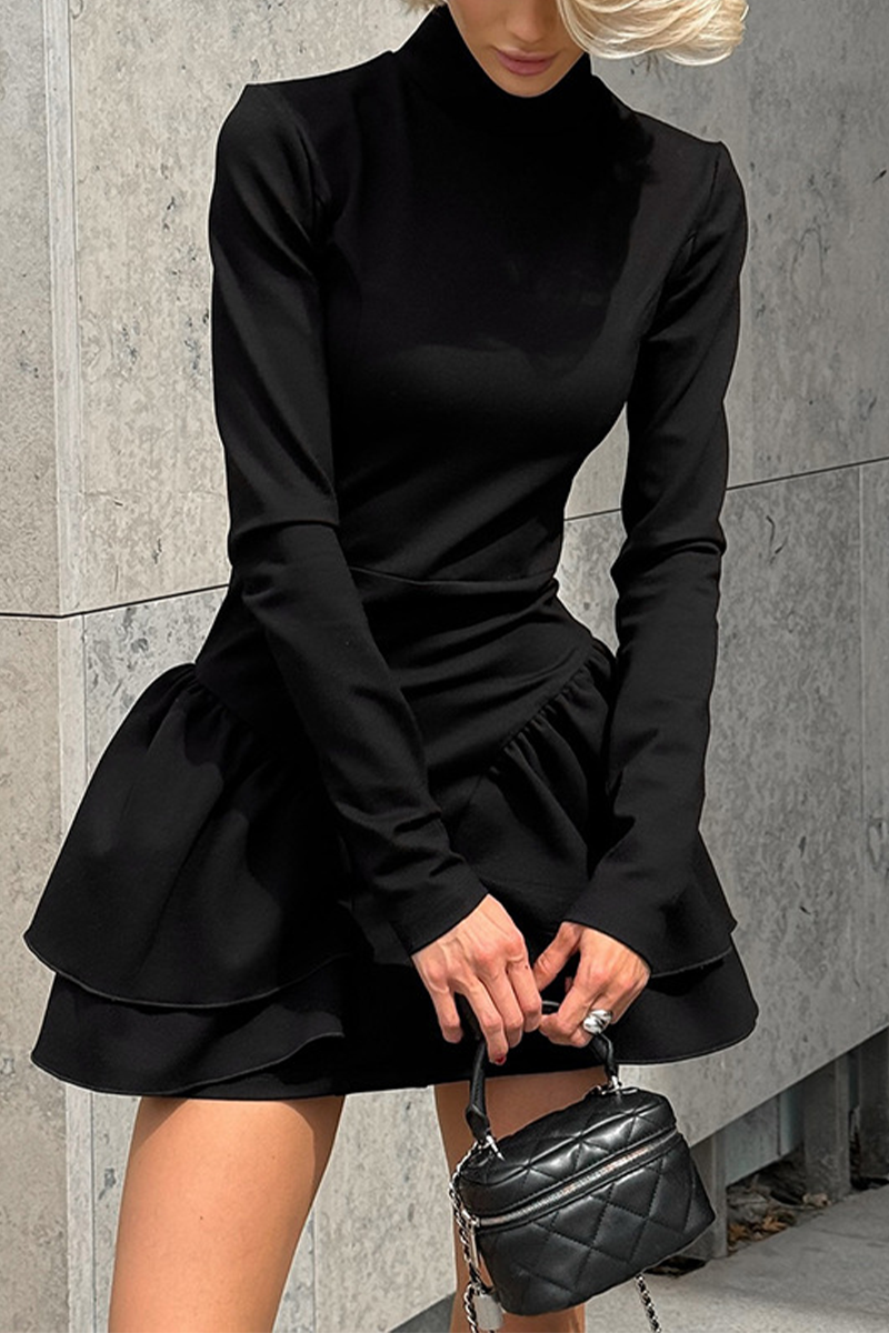 Casual  Patchwork Ruffle Zipper Turtleneck A Line Dresses