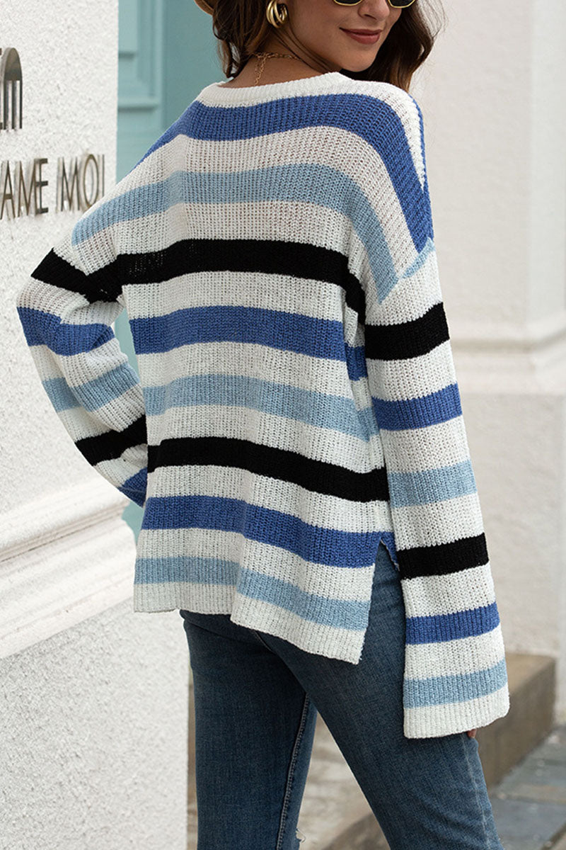 Fashion Casual Adult Striped Patchwork Patchwork Pullovers O Neck Sweaters