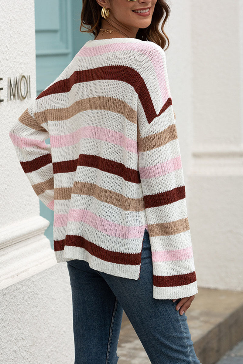 Fashion Casual Adult Striped Patchwork Patchwork Pullovers O Neck Sweaters