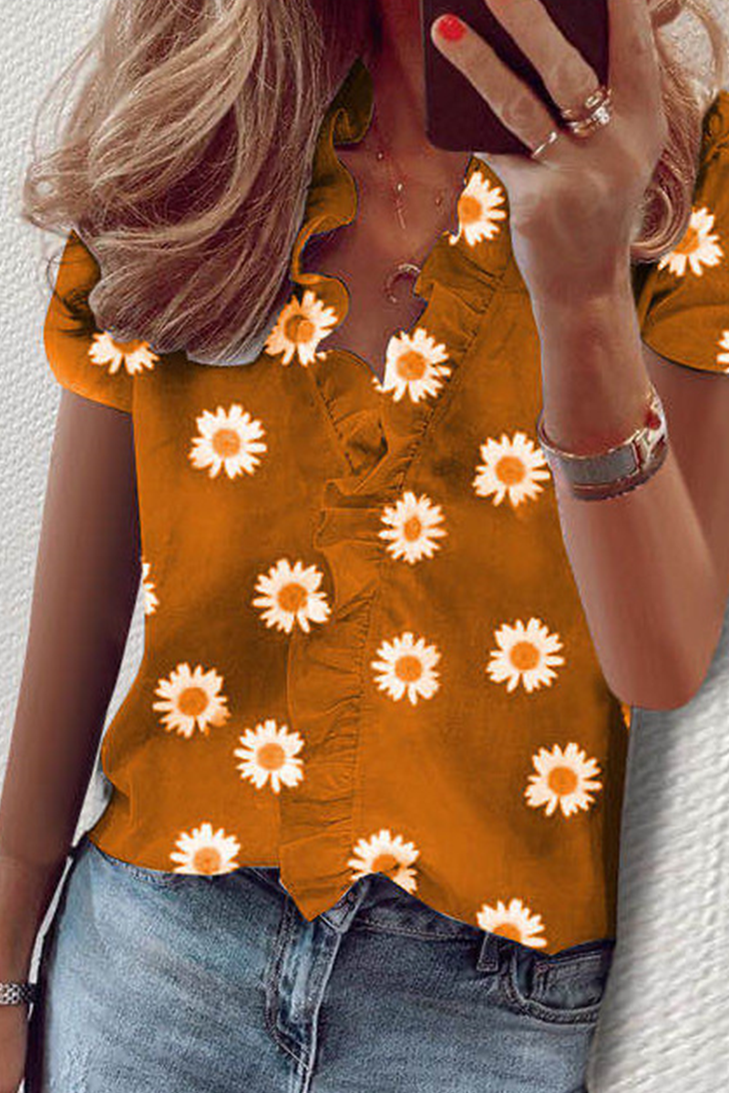 Daily Print Flounce V Neck Tops(10 colors)