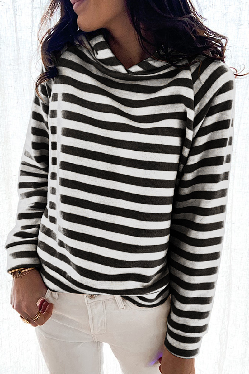 Casual Striped Patchwork Hooded Collar Tops(3 colors)