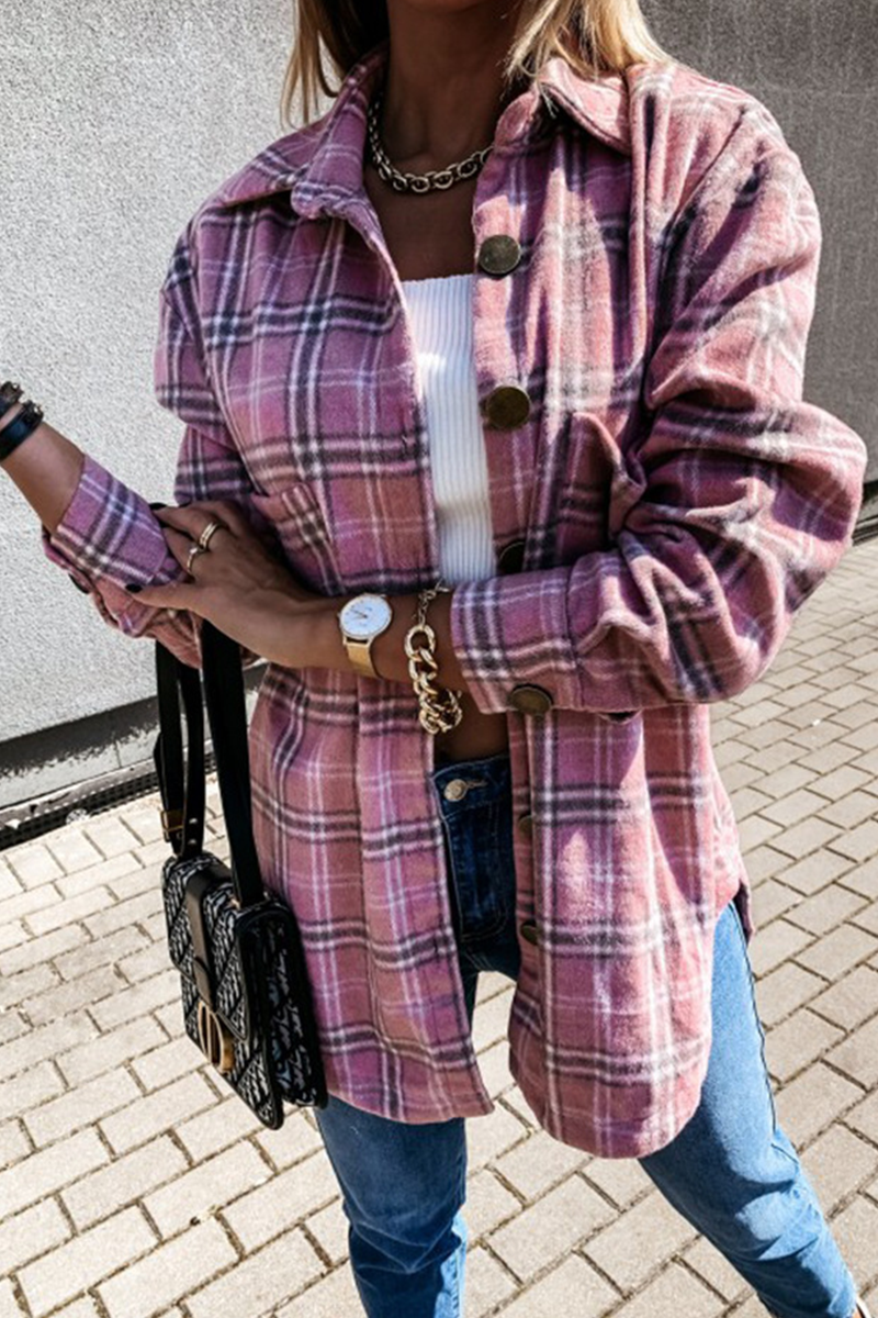 Casual Plaid Buckle Turndown Collar Tops(3 colors)