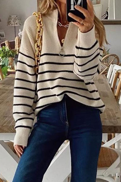 Sexy Striped Patchwork Zipper Zipper Collar Tops Sweater