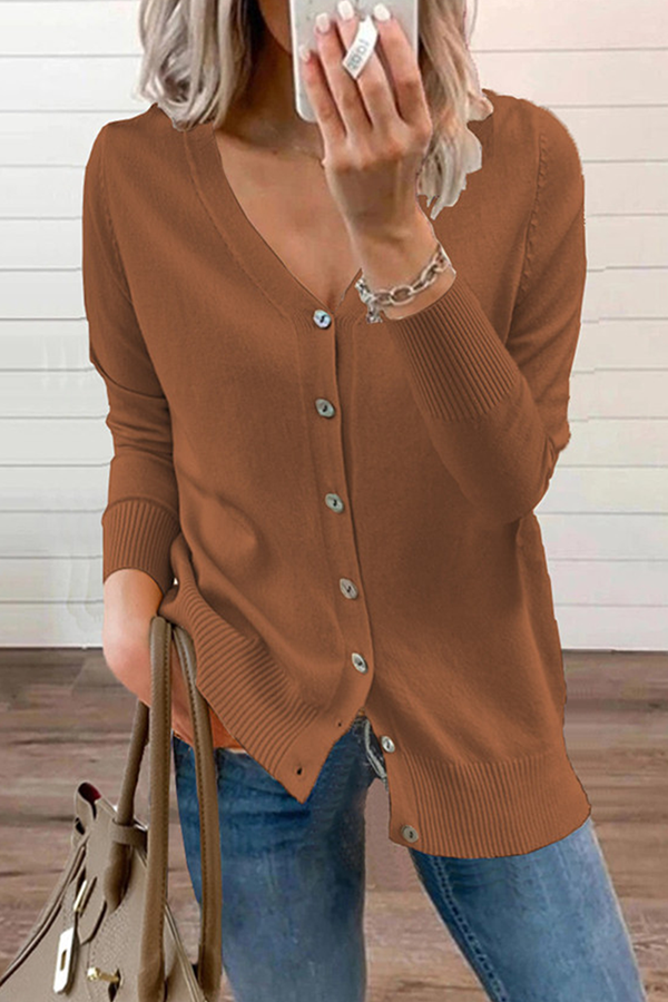 Casual Solid Patchwork Buckle V Neck Tops Sweater(12 Colors)