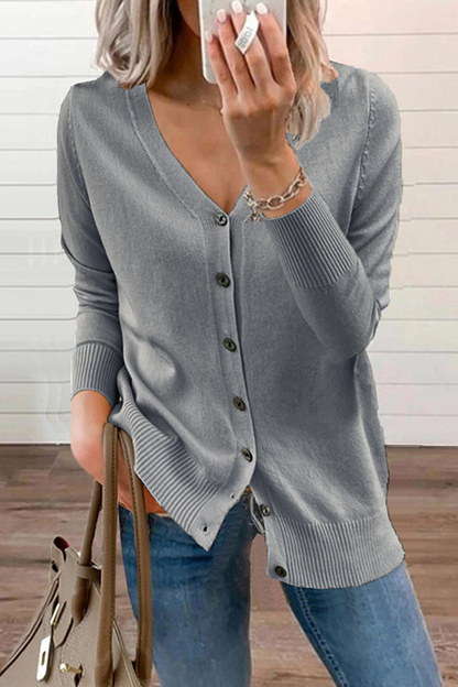 Casual Solid Patchwork Buckle V Neck Tops Sweater(12 Colors)