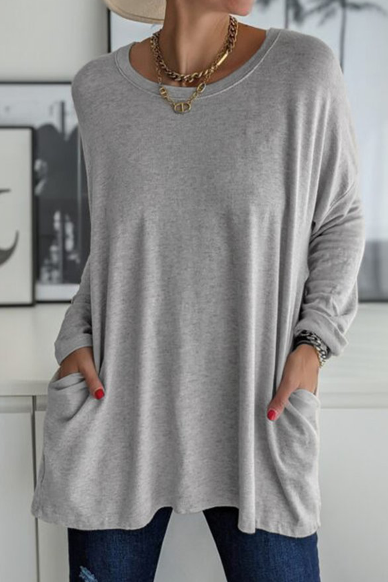 Casual Solid Patchwork Pocket O Neck Tops