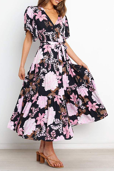 Fashion Elegant Floral Flounce Strap Design V Neck Waist Skirt Dresses