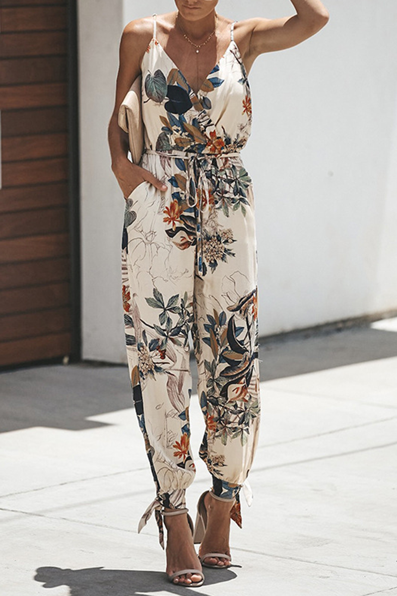 Casual Print Patchwork Spaghetti Strap Harlan Jumpsuits(4 Colors)