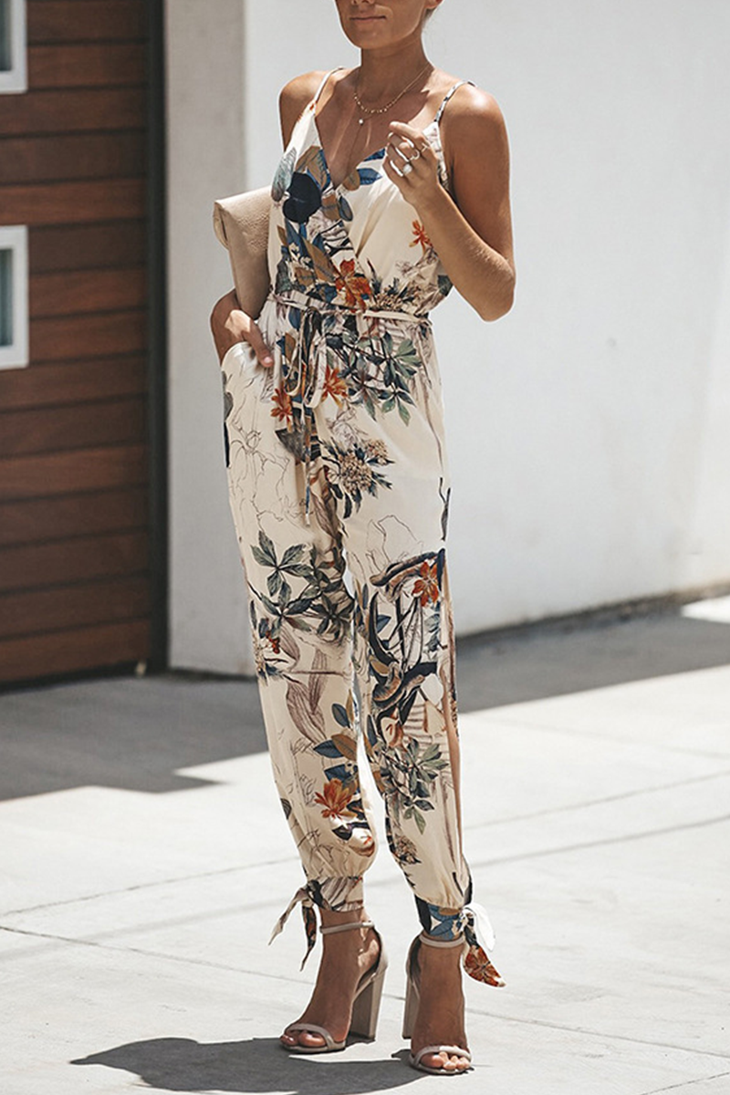 Casual Print Patchwork Spaghetti Strap Harlan Jumpsuits(4 Colors)