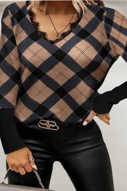 Casual Plaid Patchwork V Neck Tops