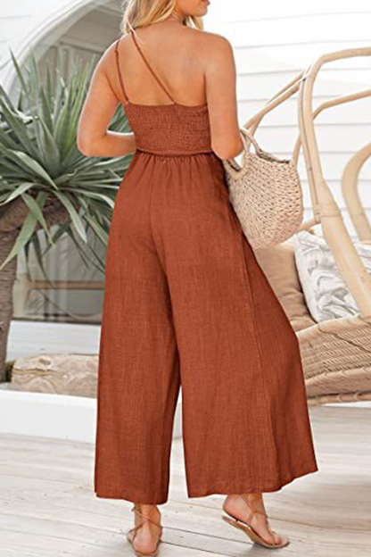 Fashion Solid Patchwork One Shoulder Straight Jumpsuits