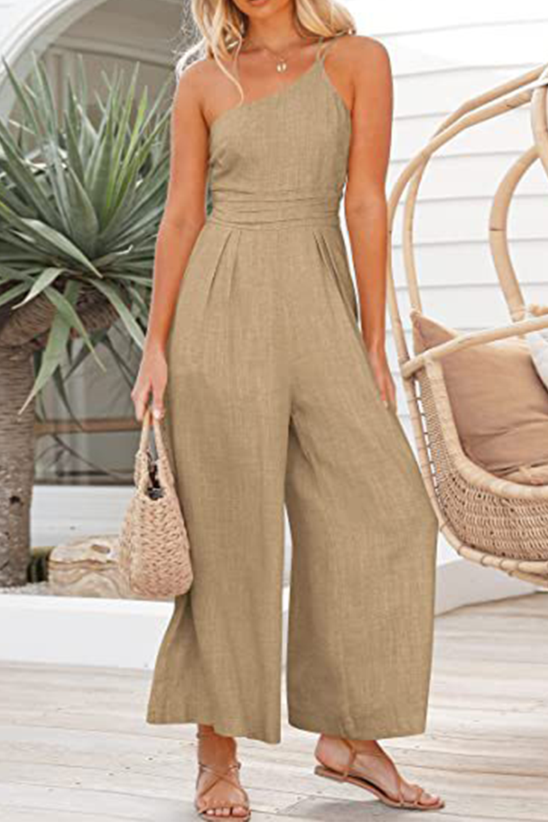 Fashion Solid Patchwork One Shoulder Straight Jumpsuits