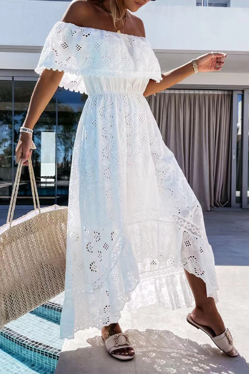 Casual Solid Lace Off the Shoulder Cake Skirt Dresses