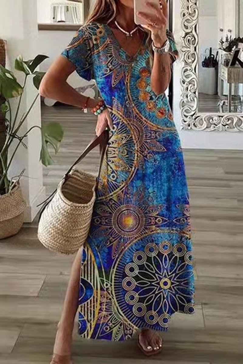 Casual Print Patchwork V Neck Straight Dresses(8 Colors)