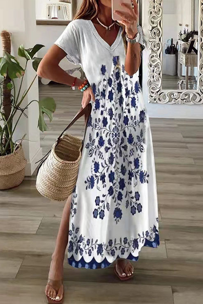 Casual Print Patchwork V Neck Straight Dresses(8 Colors)