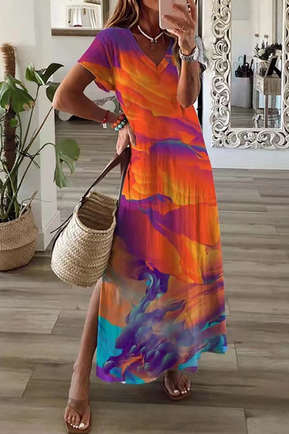 Casual Print Patchwork V Neck Straight Dresses(8 Colors)