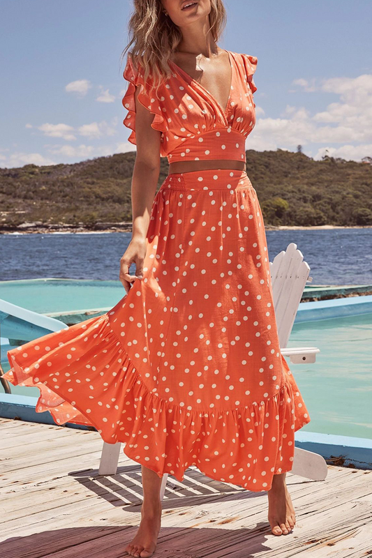 Casual Dot Flounce V Neck Cake Skirt Dresses