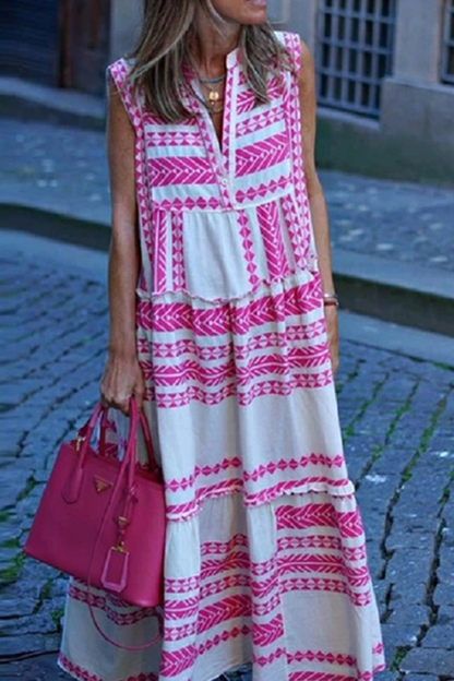 Casual Print Patchwork V Neck Cake Skirt Dresses