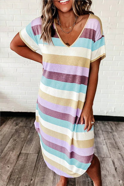 Fashion Casual Striped Print Basic V Neck Short Sleeve Dress