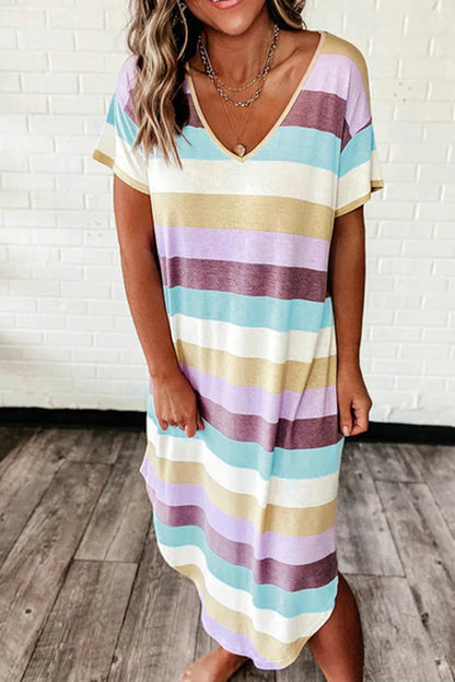 Fashion Casual Striped Print Basic V Neck Short Sleeve Dress