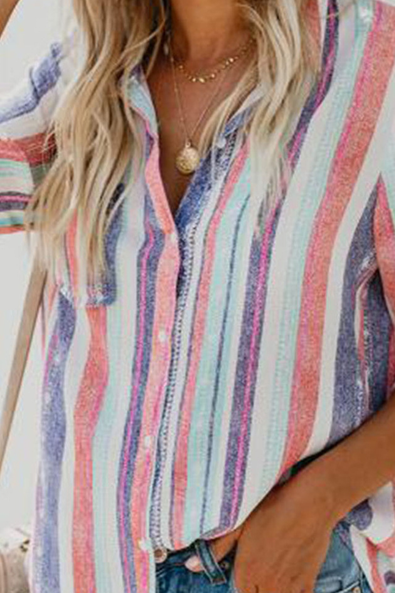 Casual Striped Patchwork Turndown Collar Tops(8 colors)