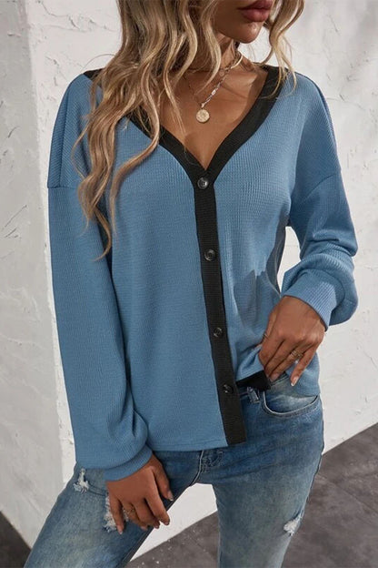 Casual Solid Patchwork Buttons V Neck T-Shirts