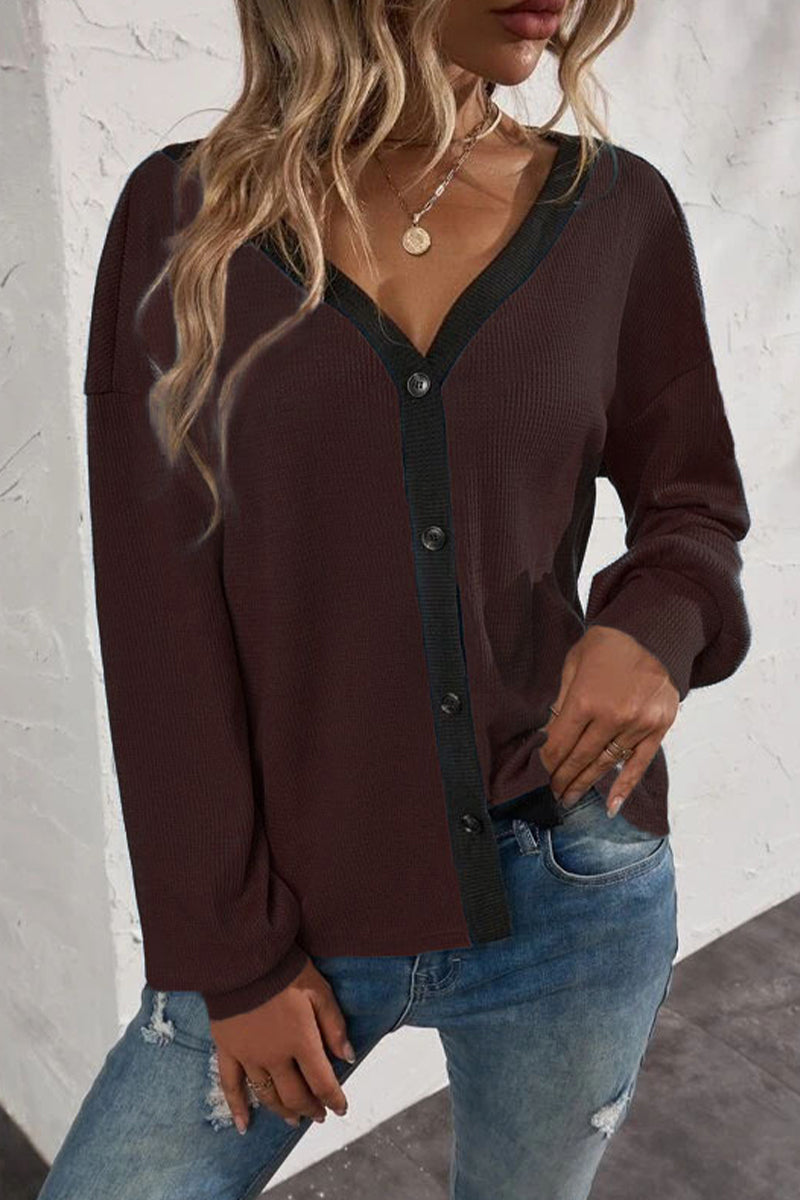 Casual Solid Patchwork Buttons V Neck T-Shirts