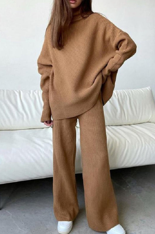 Casual Solid Patchwork Turtleneck Long Sleeve Two Pieces